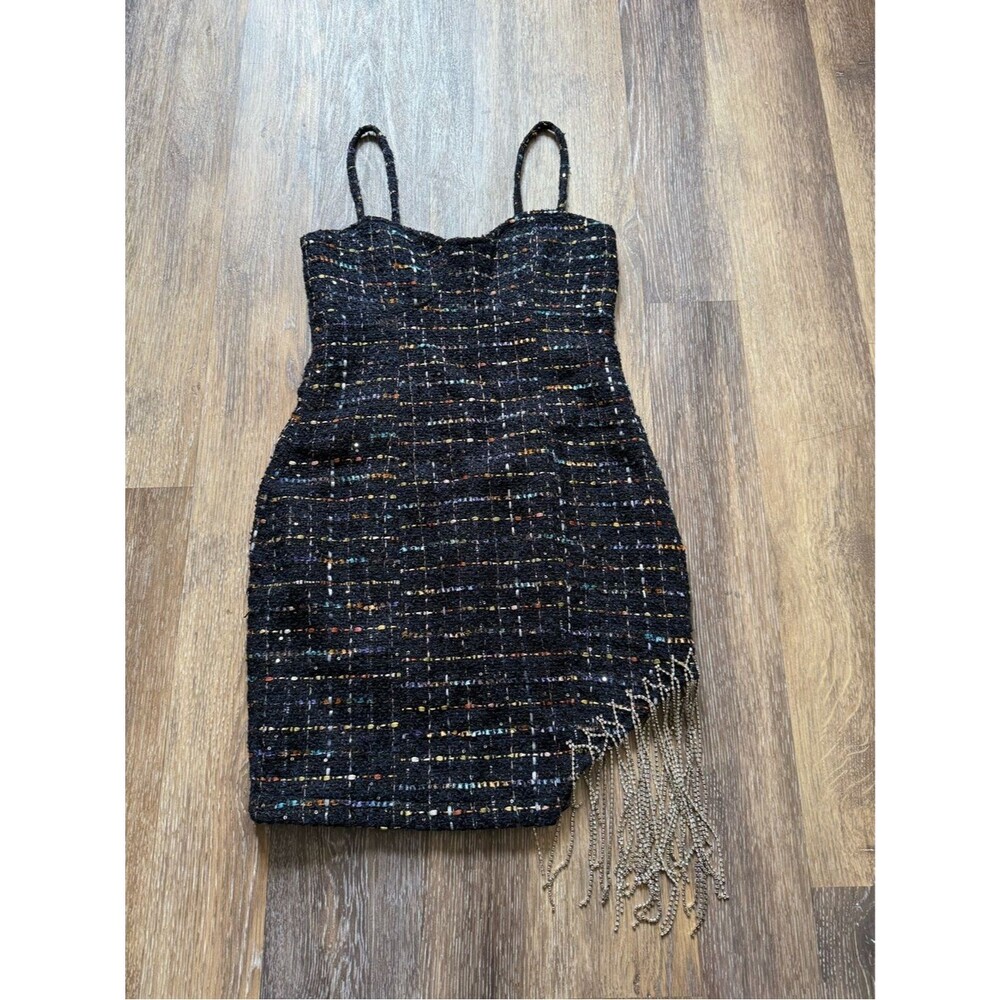 VENUS Tweed Mini Dress Rhinestone Fringe Black Multicolor Bodycon XS